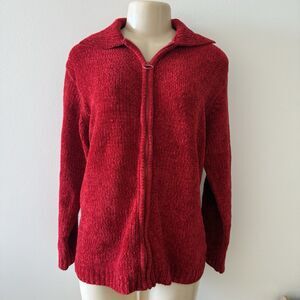 Vintage Jason Maxwell Red Chenille Zip Up Cardigan Sweater Size S 90s Y2K Flaw